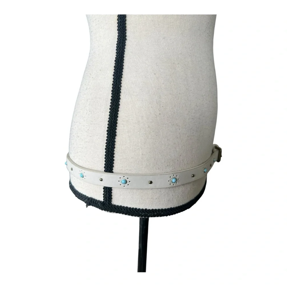 Vintage White Belt with Blue Stone Details Leather Belt Size L